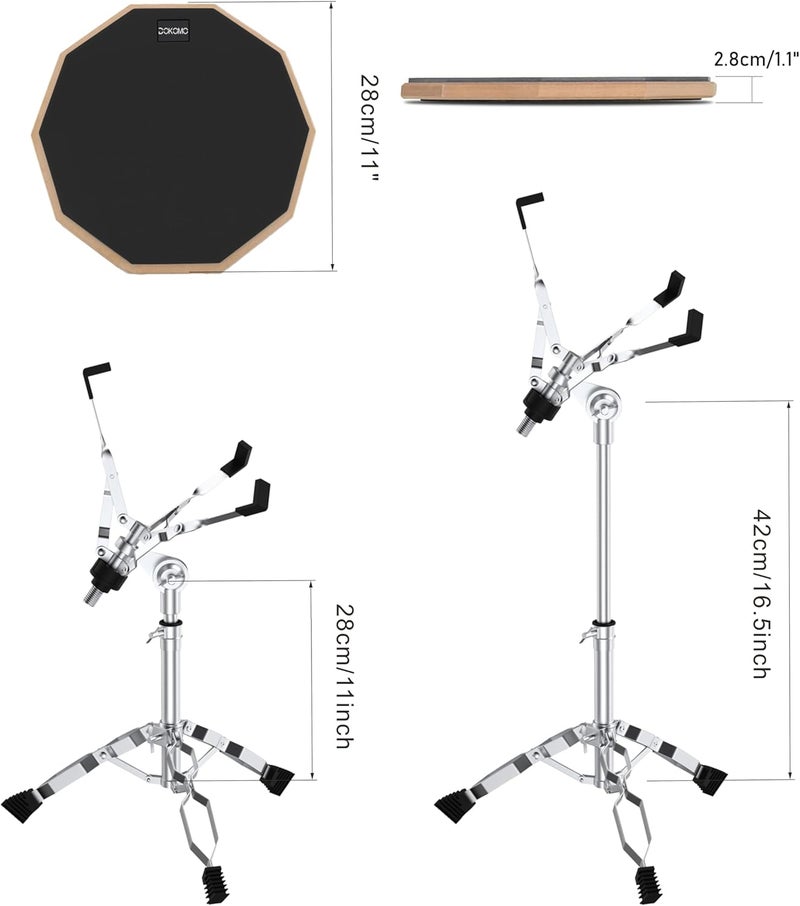 Dokomo Drum Practice Pad with Snare Drum Stand Set, 12-Inch Double Sided Silent Practice Pad Kit with Drum Sticks, Drumstick Holder, Luminous Carrying Bag, Grey (Fits 8''-15'' Drums), Black - Image 4